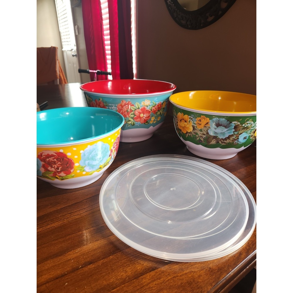 Pioneer Woman 3 Melamine Bowls & lids Vintage Floral Spring Bouquet Petal Party